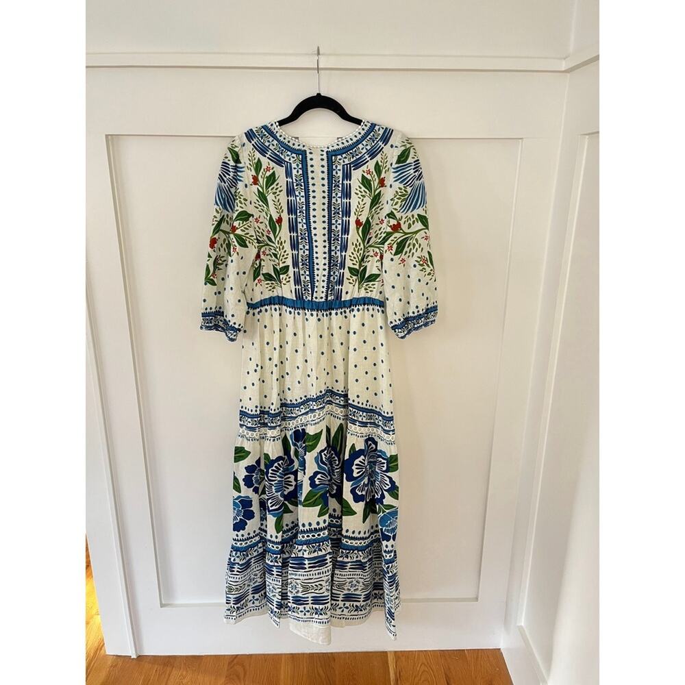 Farm Rio Maxi Dress White Blue Green Floral Bird Print V Neck Tie Waist - Picture 3 of 5